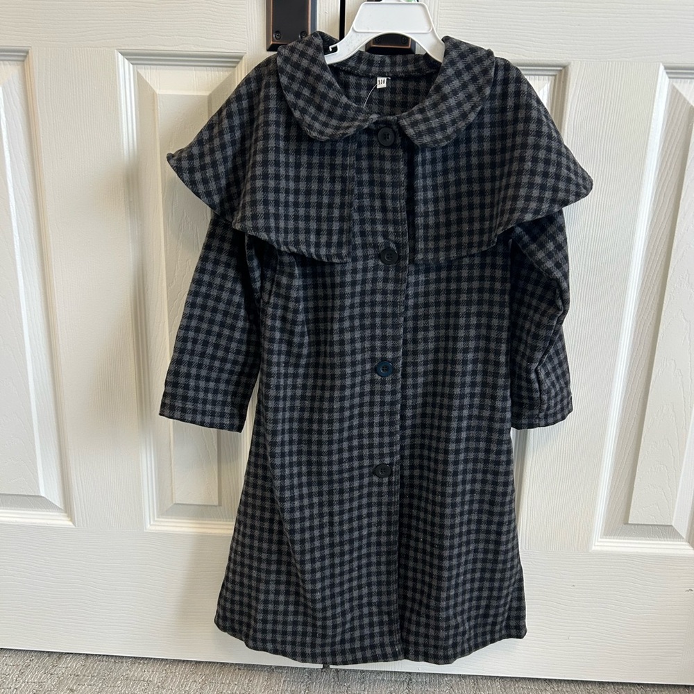 Girls Plaid Black and Gray Coat with Cape & Collar 4/5